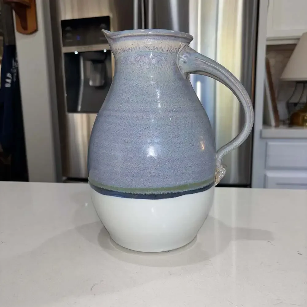Handmade Studio Pottery Ceramic Pitcher with Blue and White Glaze